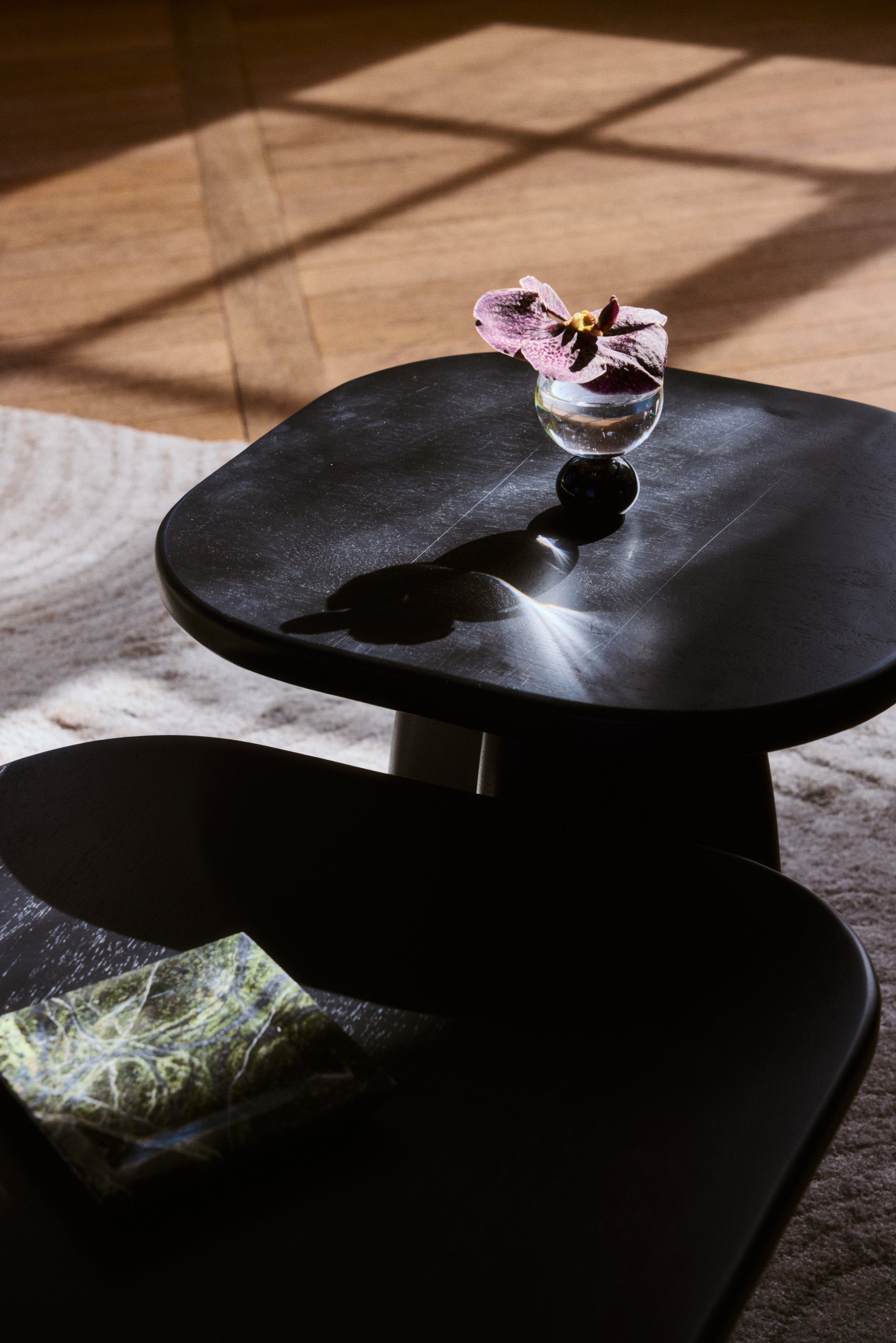 table d'appoint Ellios S - bois d'hévéa massif teinté noir - vue plongeante détail plateau et empilement