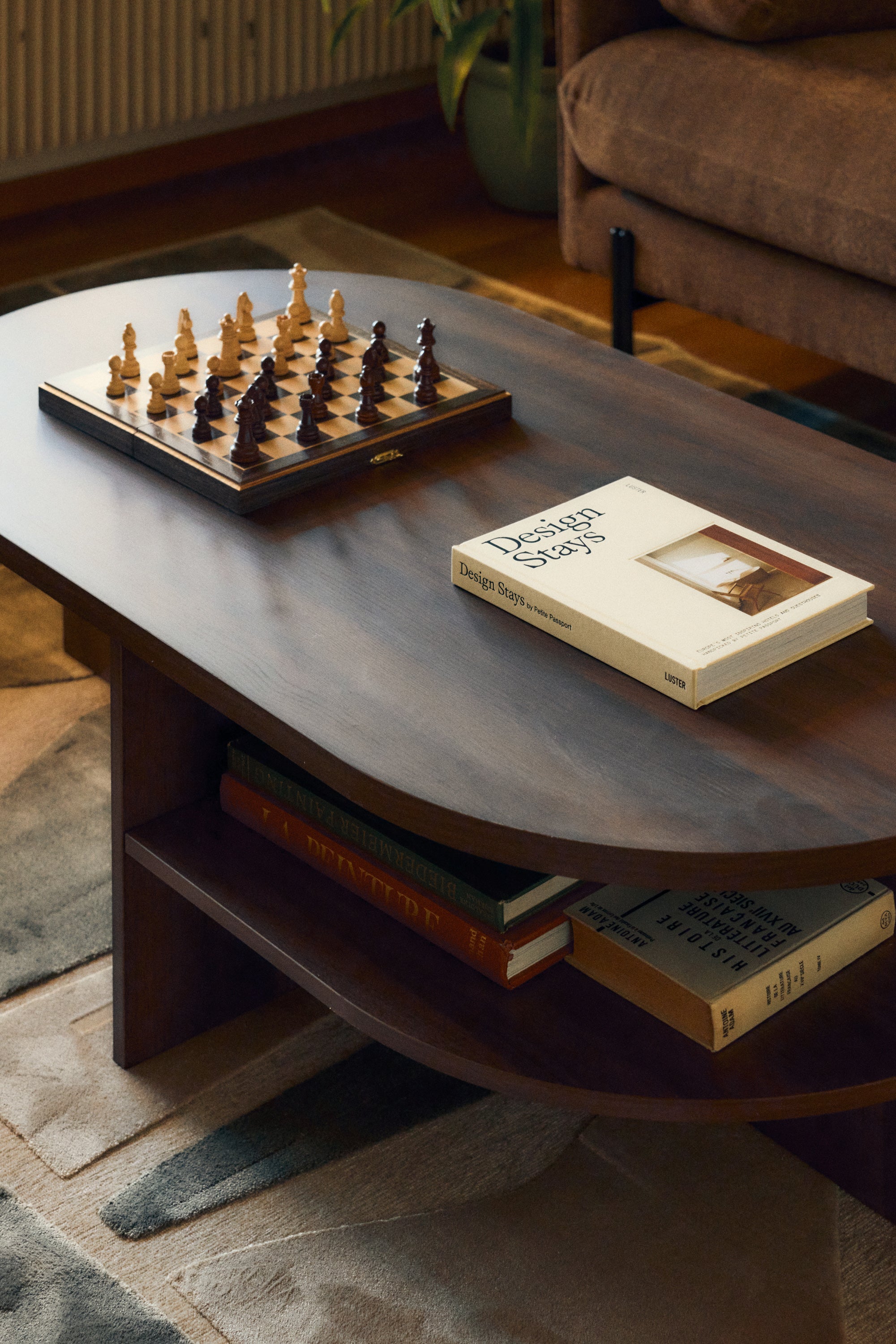 table basse salon design kyoto bois avec des livres