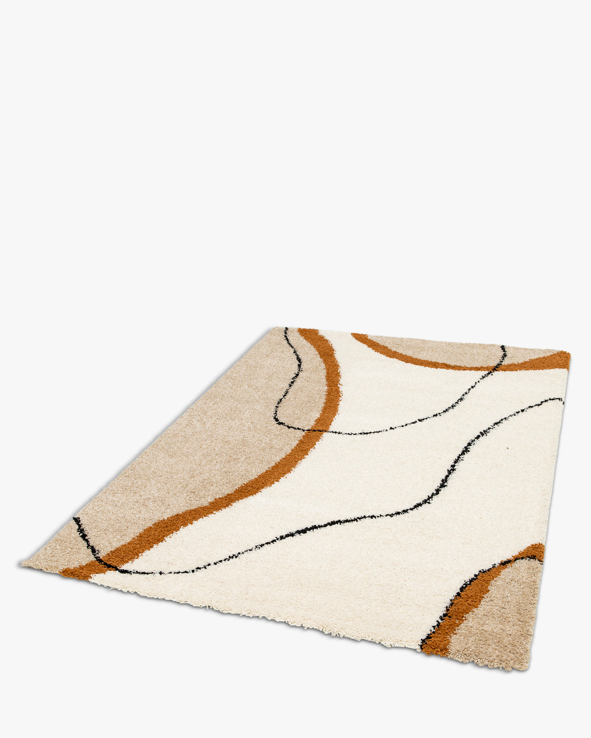 tapis de salon Solano rectangulaire écru à courbes ocre et sable - vue de trois quarts