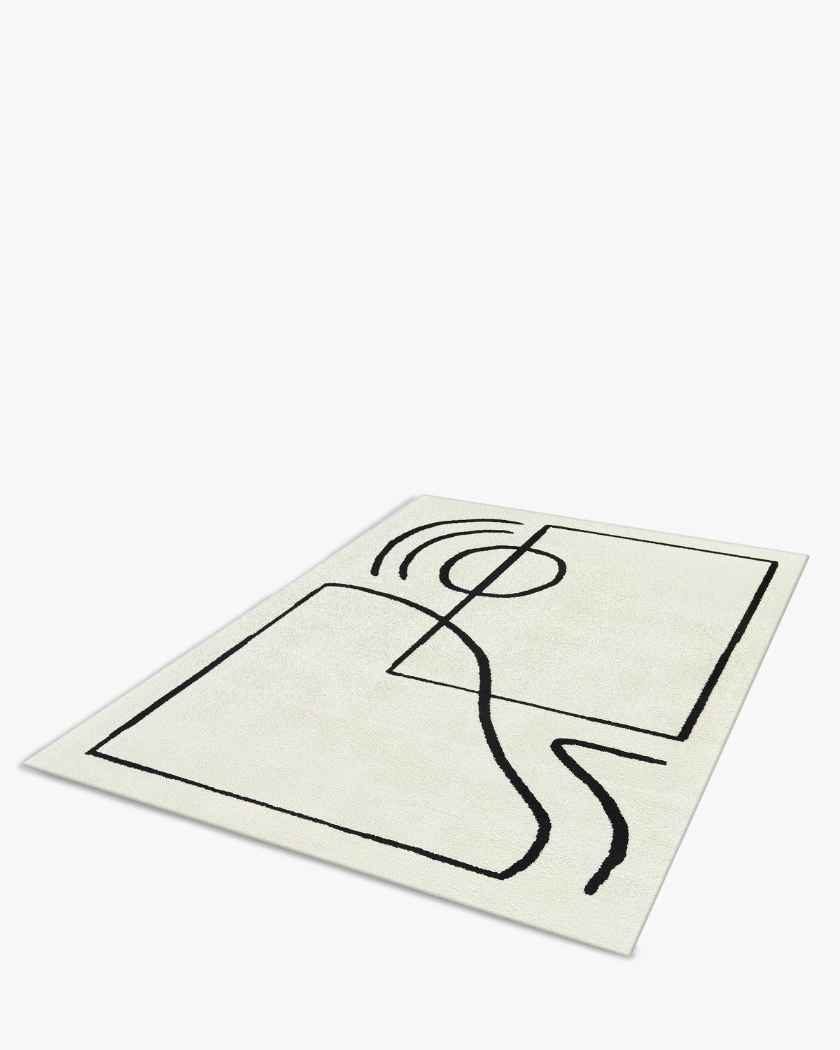 tapis ARCA écru à tracés noirs abstraits, petit format posé à plat vu en perspective