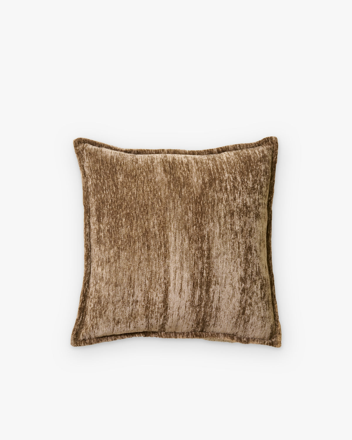 coussin carré BLIZZARD en chenille brun chiné à bord plat, vue de face sur fond blanc