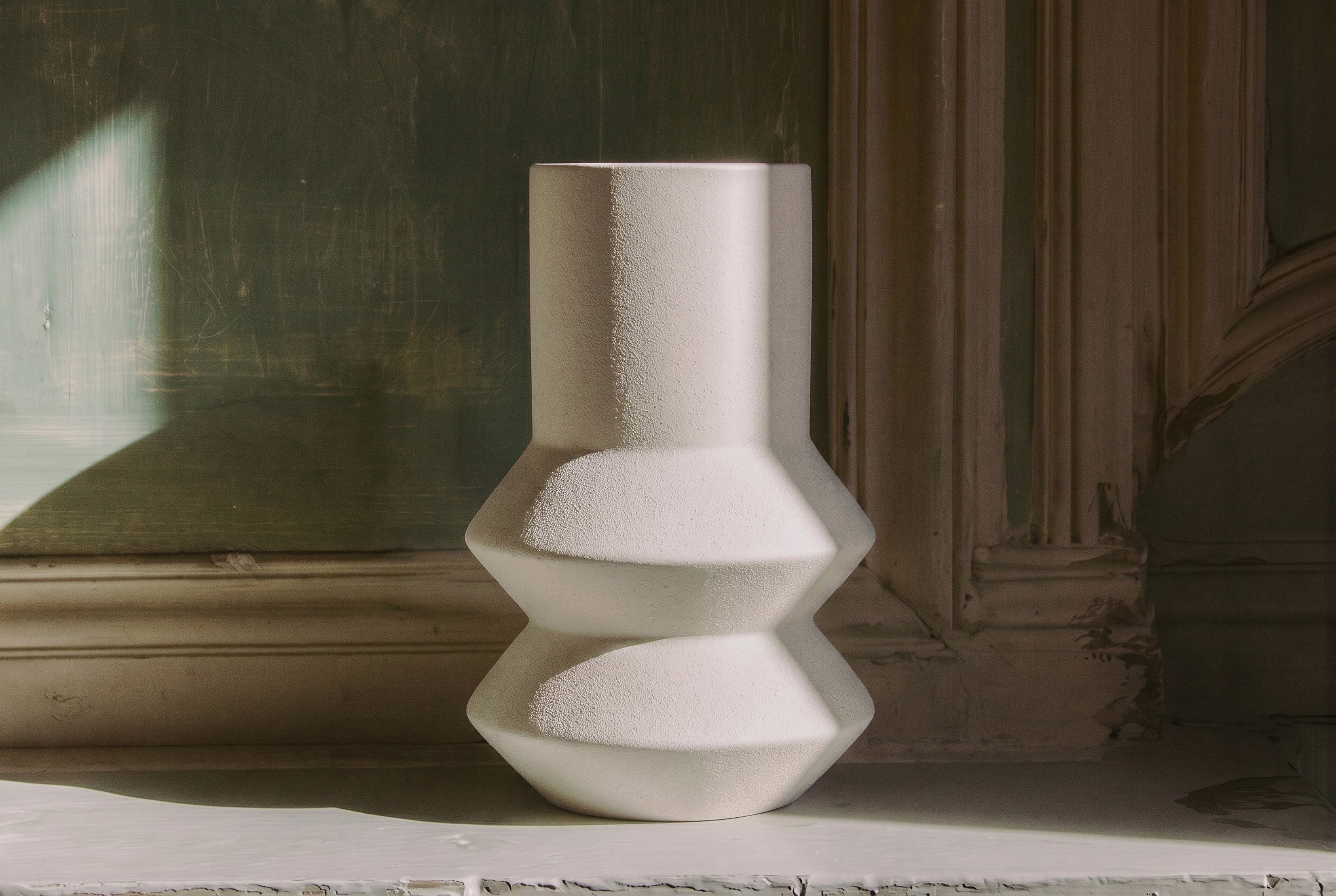 vase Leandro - céramique blanche texturée forme géométrique - vue de face