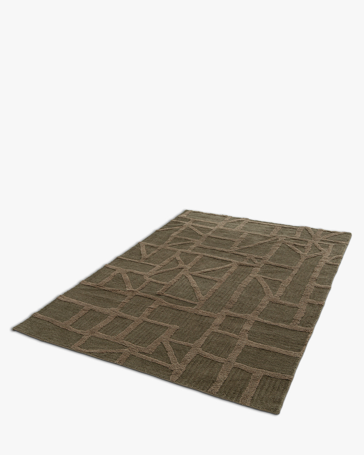 tapis de salon Strato rectangulaire vert kaki à motif en relief - vue de trois quarts