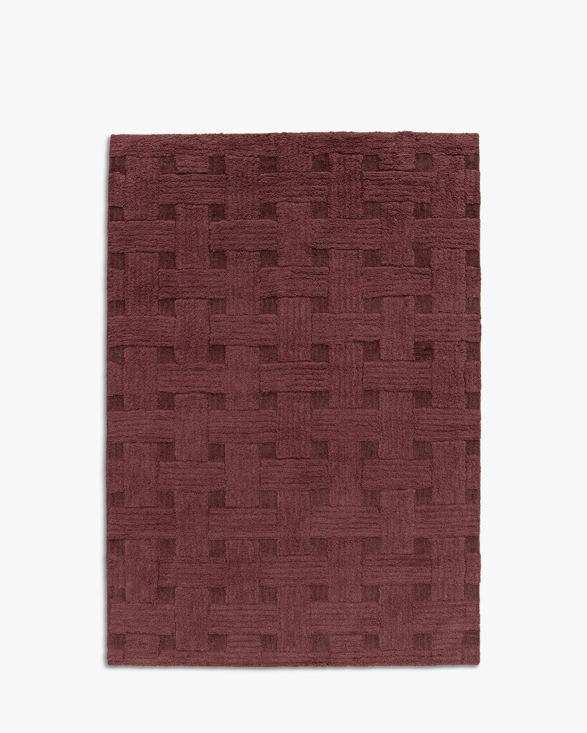 tapis de salon Woven bordeaux à motif de tressage en relief ton sur ton - vu de dessus