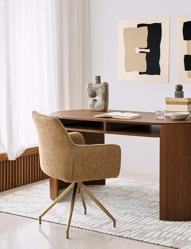 fauteuil de bureau Kingscross - tweed jaune miami et piètement métal doré - vue de trois quarts